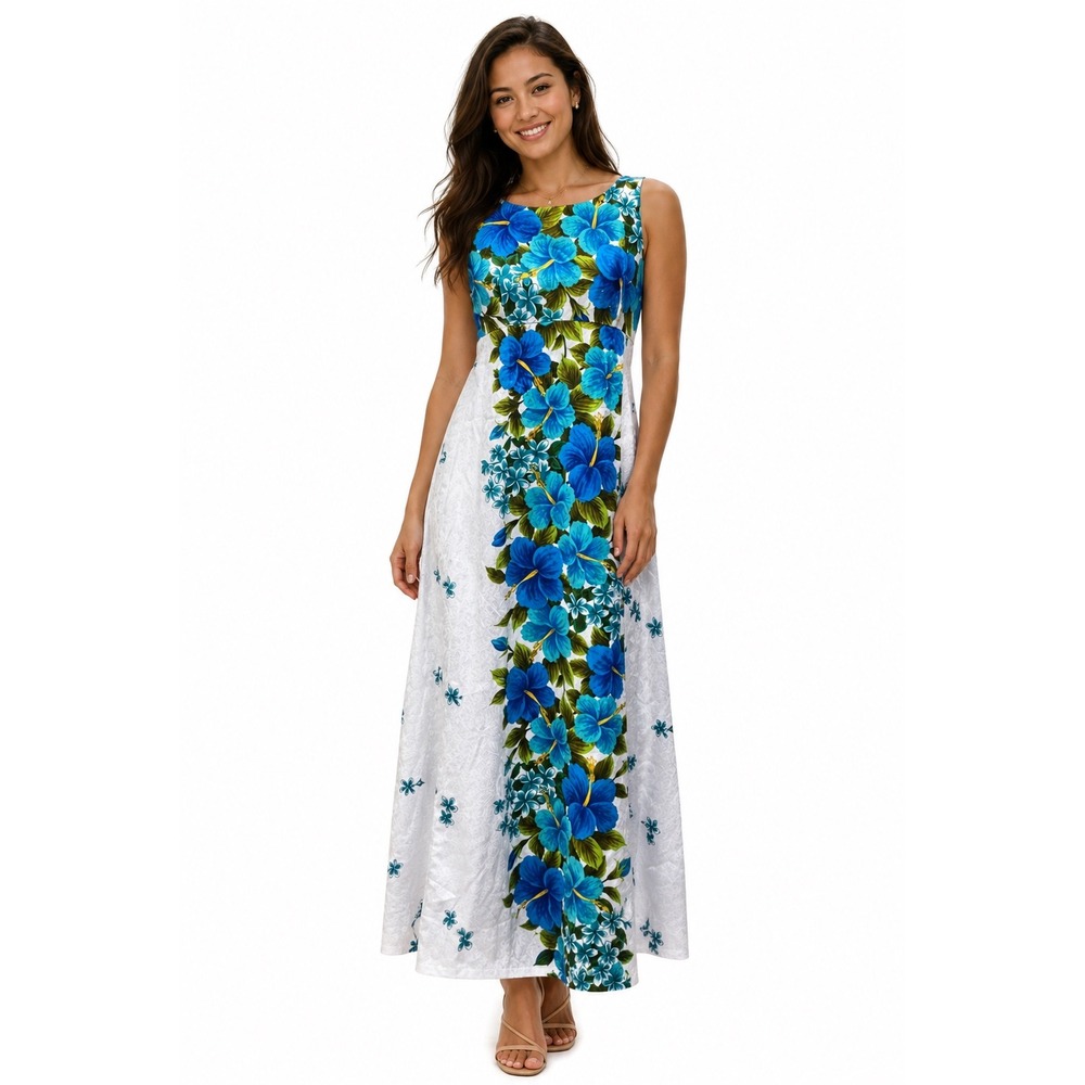 Ui-Maikai Maxi Dress Womens M White Blue‎ Hibiscus Floral Tropical 60s Tiki Boho
